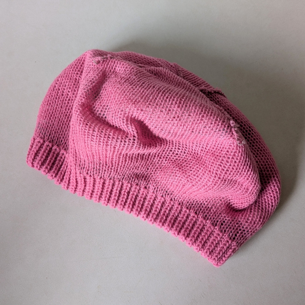 80s Vintage Knit Beret Fair Isle Winter Hat Pink White Flower Beanie Cap Tam - Picture 13 of 16
